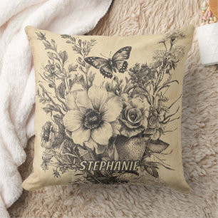 Coussin Fleurs et papillons rustiques - Papier vieilli (12