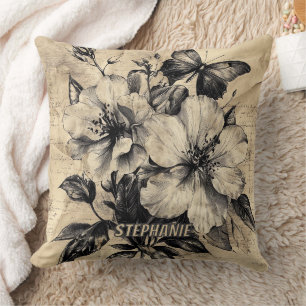 Coussin Fleurs et papillons rustiques - Papier vieilli (4)
