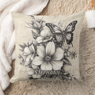 Coussin Fleurs et papillons rustiques - Papier vieilli (5)