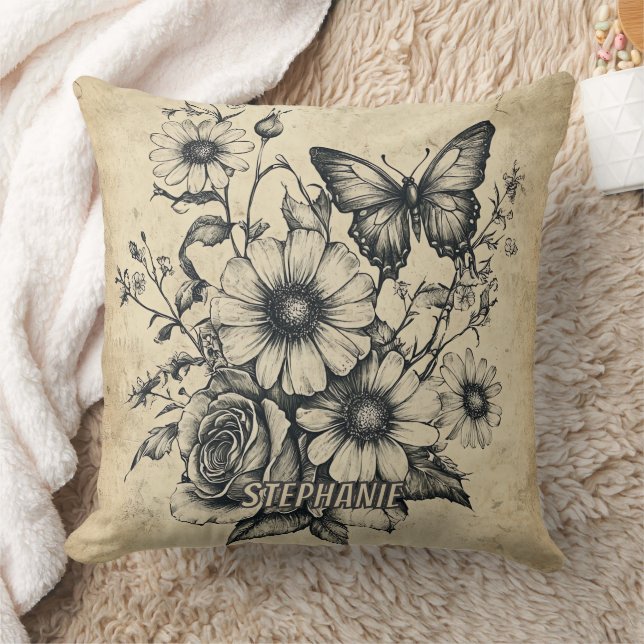 Coussin Fleurs et papillons rustiques - Papier vieilli (6) (Couverture)