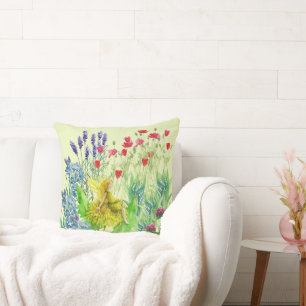 Coussin Fleurs et pissenlit Peinture à l'aquarelle de fée