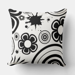 Coussin Fleurs fantaisistes noir et blanc, Cercles, Taches