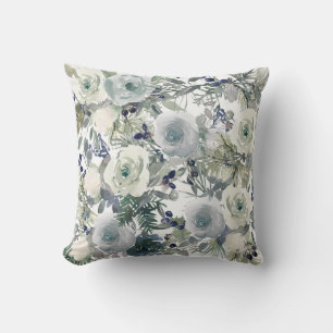 Coussin Fleurs Florales Aquarelle Bleu Vert Blanc