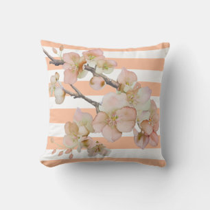 Coussin Fleurs florales doux orange pêche bandes blanches