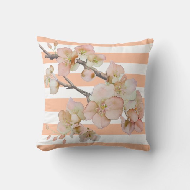 Coussin Fleurs florales doux orange pêche bandes blanches (Recto)
