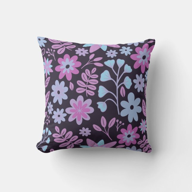 Coussin Fleurs florales noires et violettes de néon (Recto)