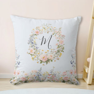 Coussin Fleurs Florales Rose Bleu Aquarelle Monogramme 