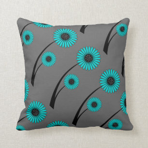 Coussin Fleurs florales turquoises bleues grises noires