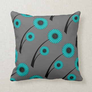 Coussin Fleurs florales turquoises bleues grises noires