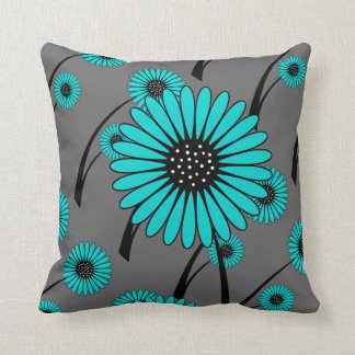 Coussin Fleurs florales turquoises bleues grises noires