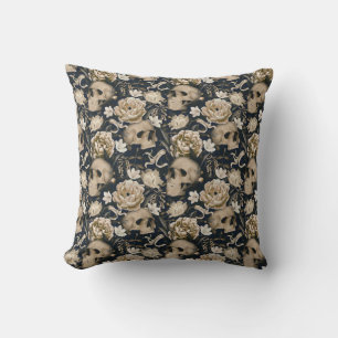 Coussin Fleurs gothiques vintage crânes pivoines papillons