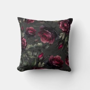 Coussin Fleurs grises ombrées de roses rouges de Bordeaux
