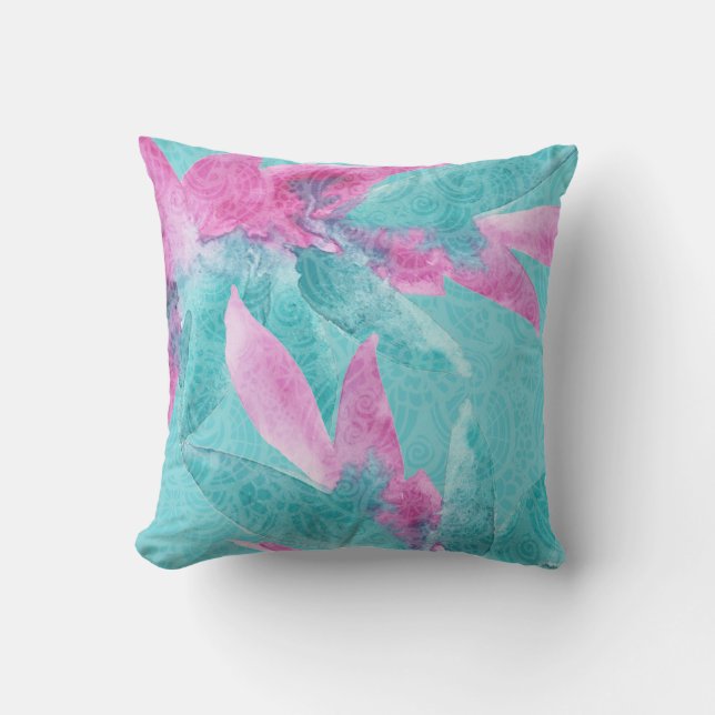 Coussin Fleurs hawaïennes Abstraites turquoise rose (Recto)