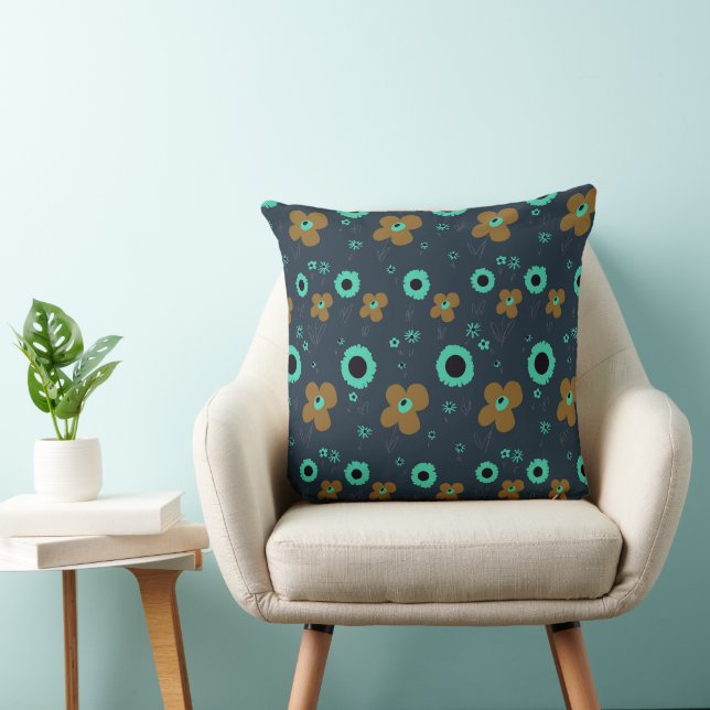 Coussin Fleurs marguerites Dusty Orange Turquoise Dark Tur (Chaise)