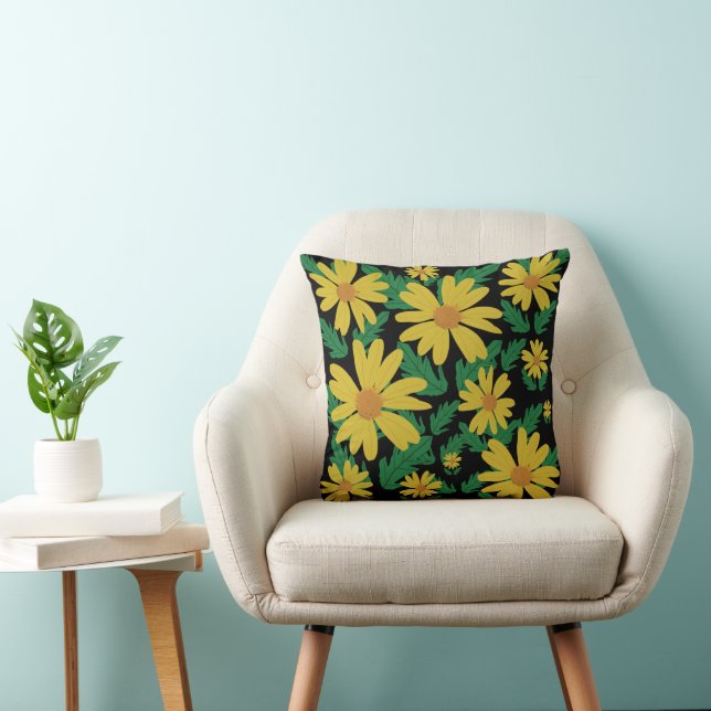 Coussin Fleurs marguerites jaunes avec feuilles verts jett (Chaise)