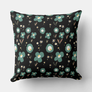 Coussin Fleurs marguerites Pastel Sage Blanc Jaune Noir