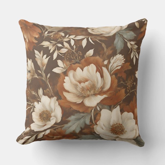 Coussin Fleurs Marron Orange Bleu Crème (Recto)