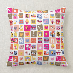 Coussin fleurs mignonnes, oiseaux, motif de carrés de