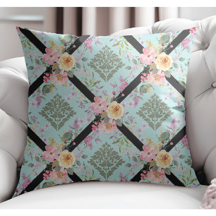 Coussin Fleurs modernes élégantes et Damas Floral bleu