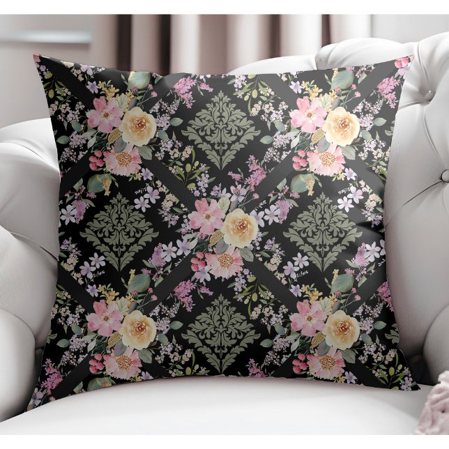 Coussin Fleurs modernes élégantes et Damas florales Noir (Créateur téléchargé)