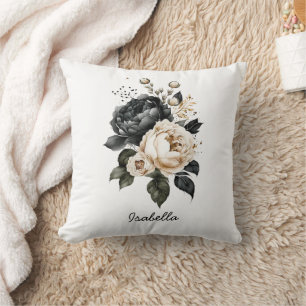 Coussin Fleurs noires personnalisées à l'aquarelle élégant