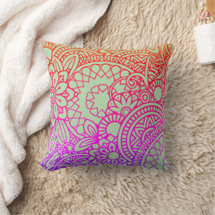 Coussin Fleurs orange violet et fond de sauge doux