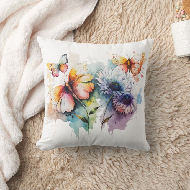 Coussin Fleurs Papillons Aquarelle Jaune Bleu Violet  (Couverture)