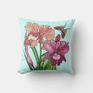 Coussin Fleurs peintes, iris avec papillon à la menthe