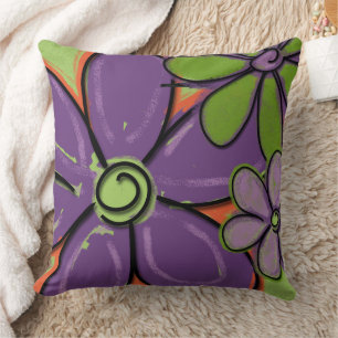 Coussin Fleurs peintes violet et vert