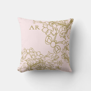 Coussin Fleurs personnalisées pastel rose or ligne art mai