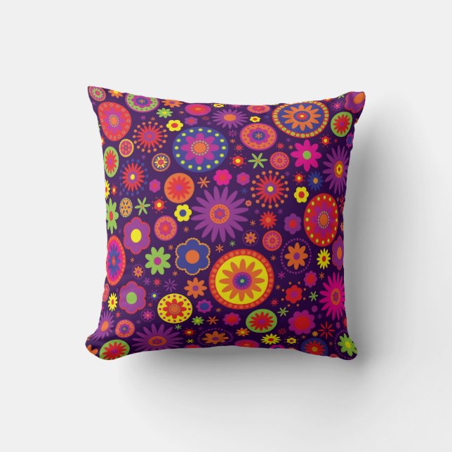 Coussin Fleurs pourpres hippies d'arc-en-ciel (Recto)