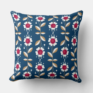 Coussin Fleurs rétro blanches sur un arrière - plan bleu f