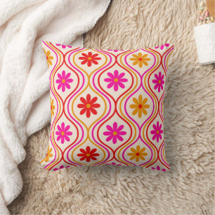 Coussin Fleurs Rétro sur Motif Ogee Rouge Orange Rose 