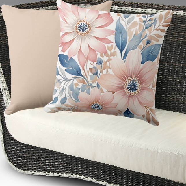 Coussin Fleurs rose Duisy Bleu Beige Boho Floral (Créateur téléchargé)