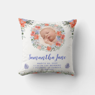 Coussin Fleurs Rose et Violet Aquarelle Photo de Bébé