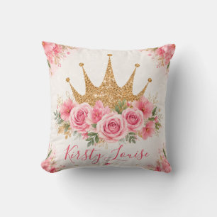 Coussin Fleurs roses à l'aquarelle et diadème doré