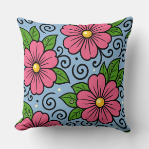Coussin Fleurs roses avec feuilles vertes et détails courb