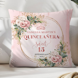 Coussin Fleurs roses blush Eucalyptus Cadeau Quinceañera