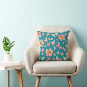 Coussin Fleurs roses et papillons Motif Arrière - plan