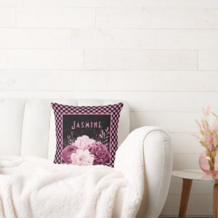 Coussin Fleurs roses et personnalisées à carreaux