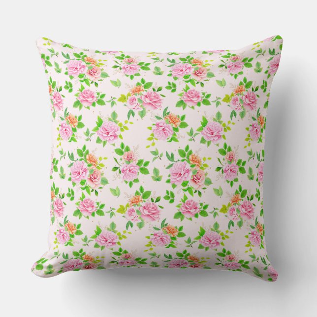 Coussin Fleurs Roses florales avec Motif Feuille vert (Recto)