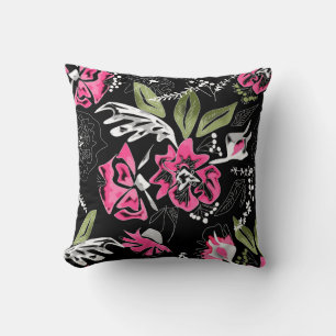 Coussin Fleurs roses florales vert feuille croquis