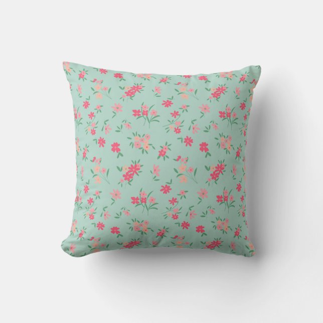 Coussin Fleurs Roses Minuscules Sur Turquoise (Recto)