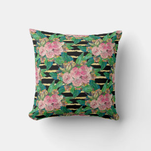 Coussin Fleurs roses noires tendance Gold Stripes Botaniqu