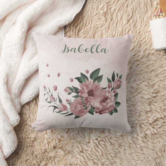 Coussin Fleurs roses romantiques & feuilles vertes (Couverture)