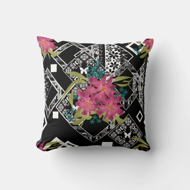 Coussin Fleurs roses sans joint floral ornemental noir bla (Recto)