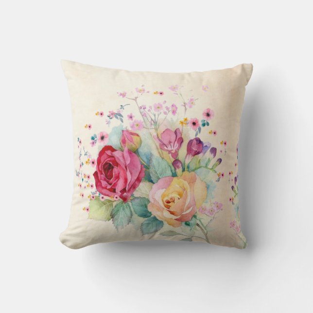 Coussin Fleurs roses sur Ecru (Recto)