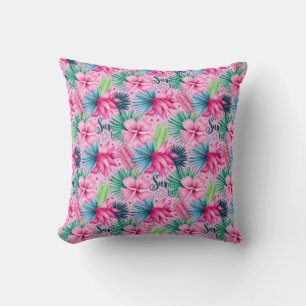 Coussin Fleurs roses vertes bleues Floral Tropical brillan