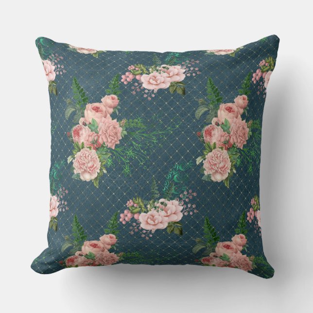 Coussin Fleurs Roses Vides Sur Bleu (Recto)
