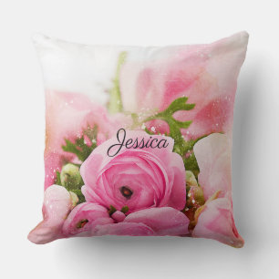 Coussin Fleurs roses vintages avec votre nom